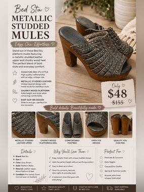 Bed Stu Metallic Studded Leather Wood Platform Mules